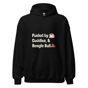 Black hoodie with funny beagle design featuring the phrase “Fueled by coffee, cuddles, and beagle bullshit” with coffee and poop icons. Perfect gift for beagle owners.